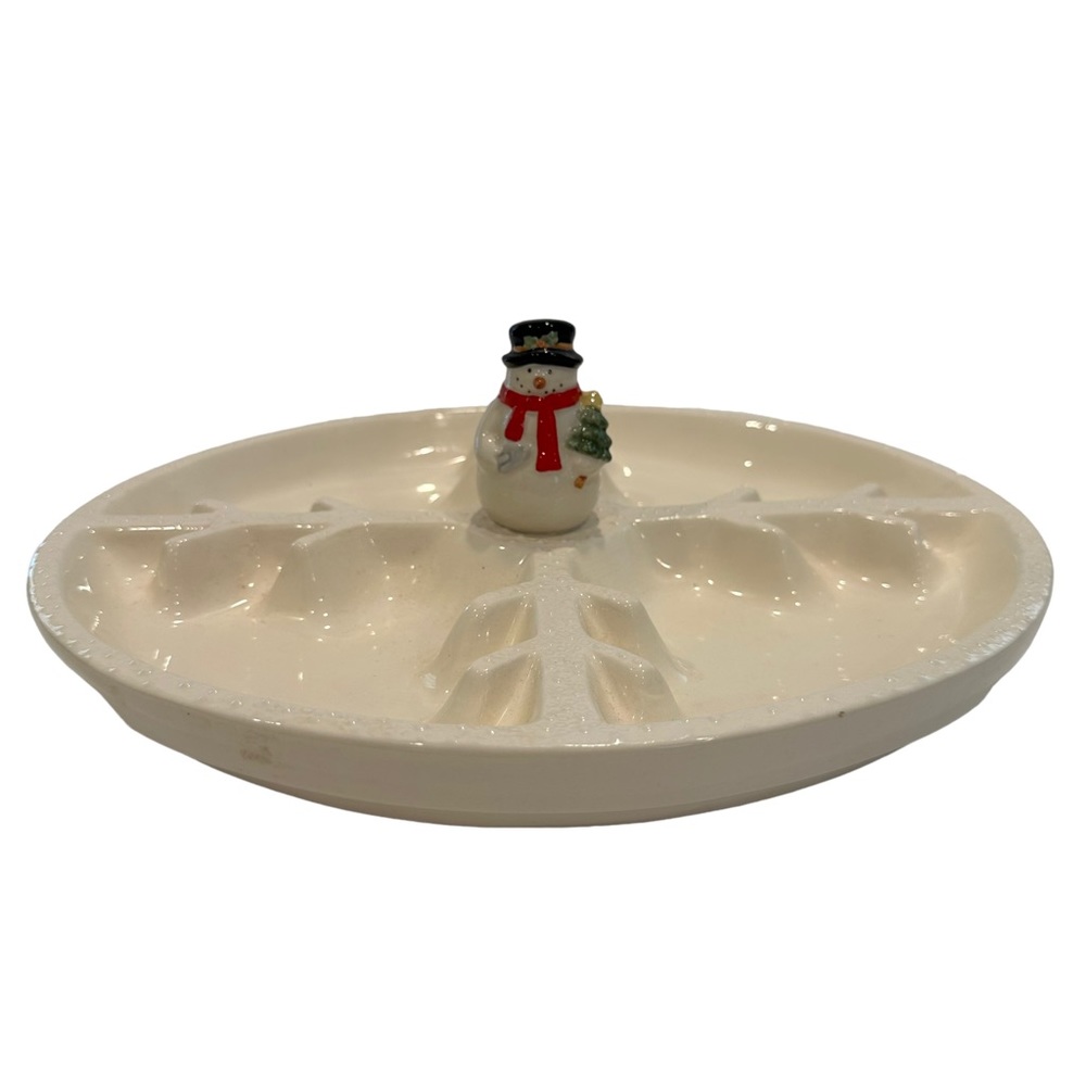 Russ Snowflake Snowman Oval Divided Ceramic Platter Vintage